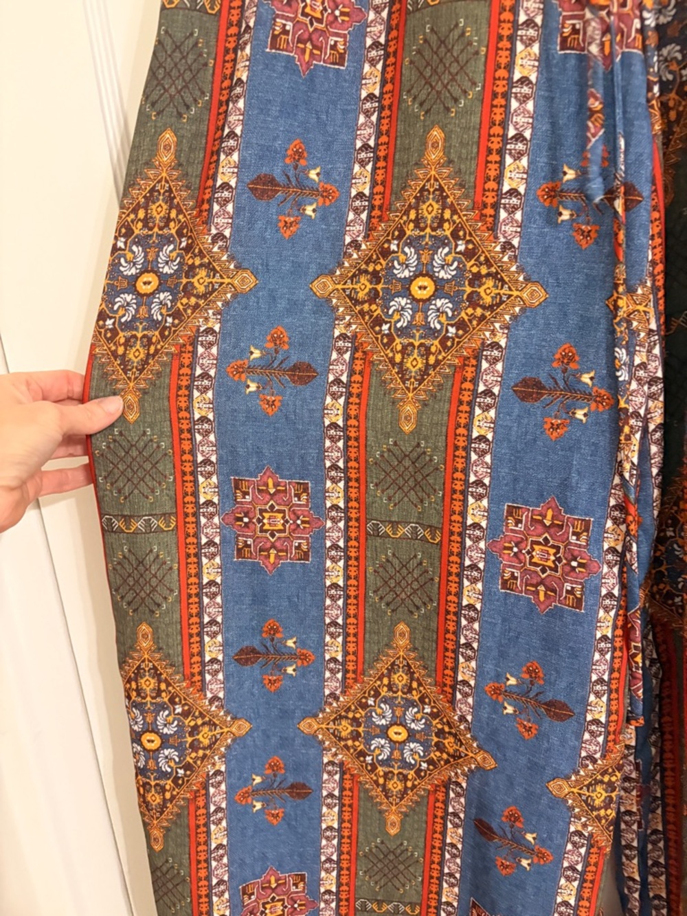 Three Bird Nest Blue Smocked Waist Maxi Skirt with Rust & Brown Print - Picture 4 of 6